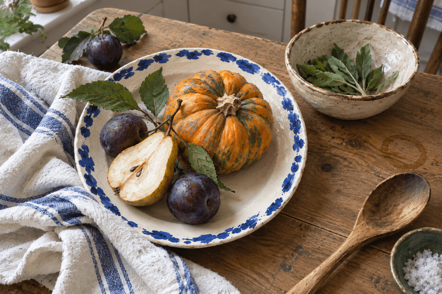 Issue image: AI-generated illustrative image of autumn produce on a kitchen table.