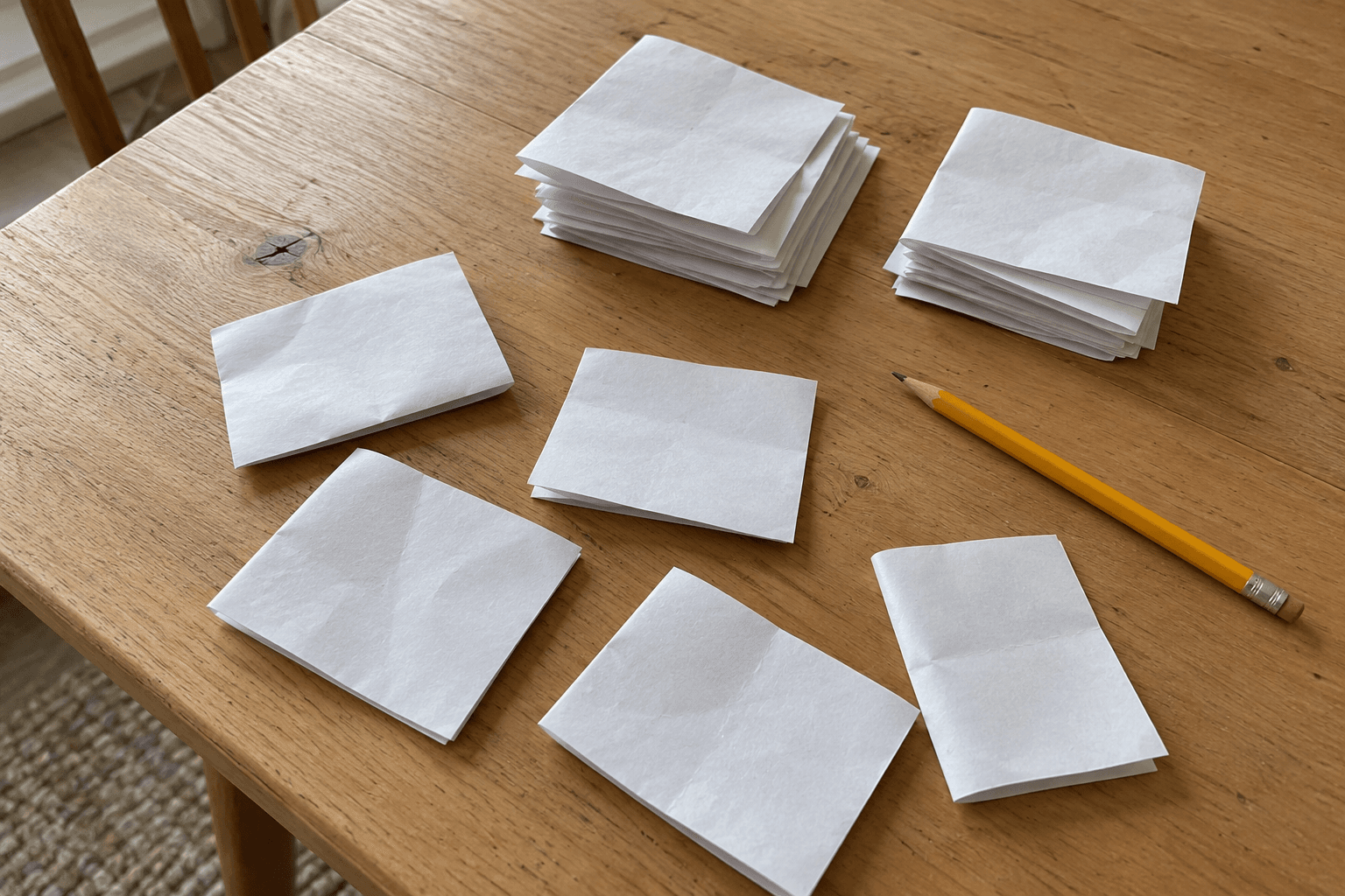 Issue image: AI-generated illustrative image of folded paper slips and a pencil on a table.