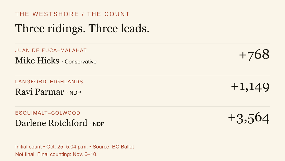 Issue image: Initial leads: Mike Hicks 768 votes; Ravi Parmar 1,149; Darlene Rotchford 3,564. Final count Nov. 6 to 10.