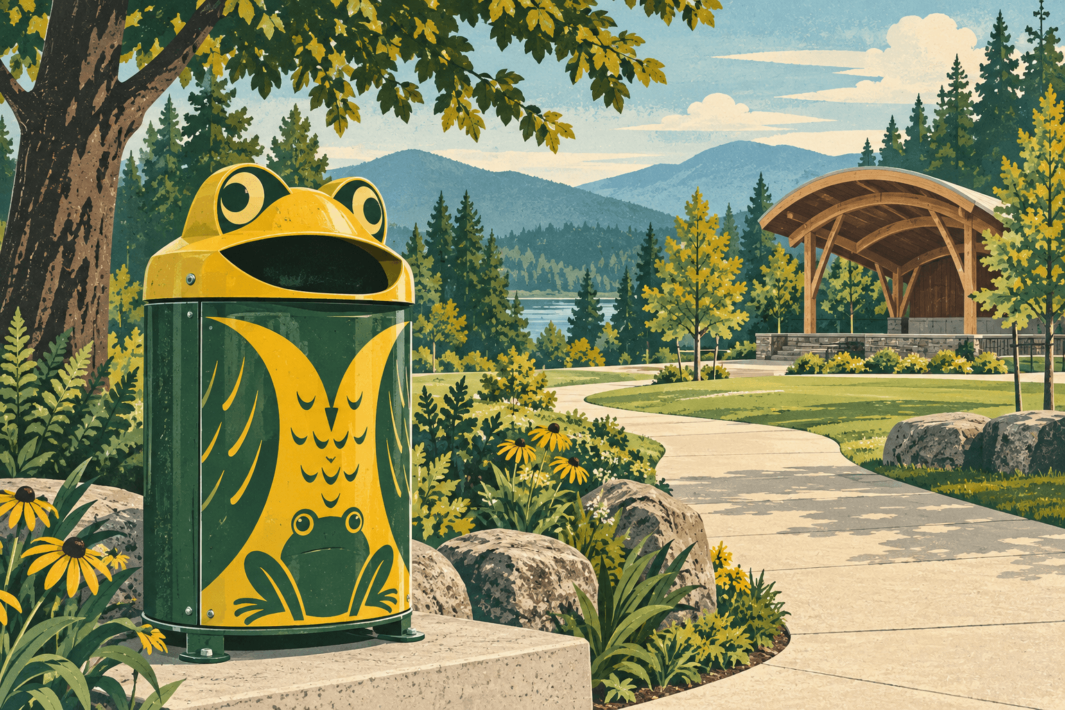 Issue image: Illustration of the yellow and green Garbage Gobbler beside a timber bandshell at Veterans Memorial Park.