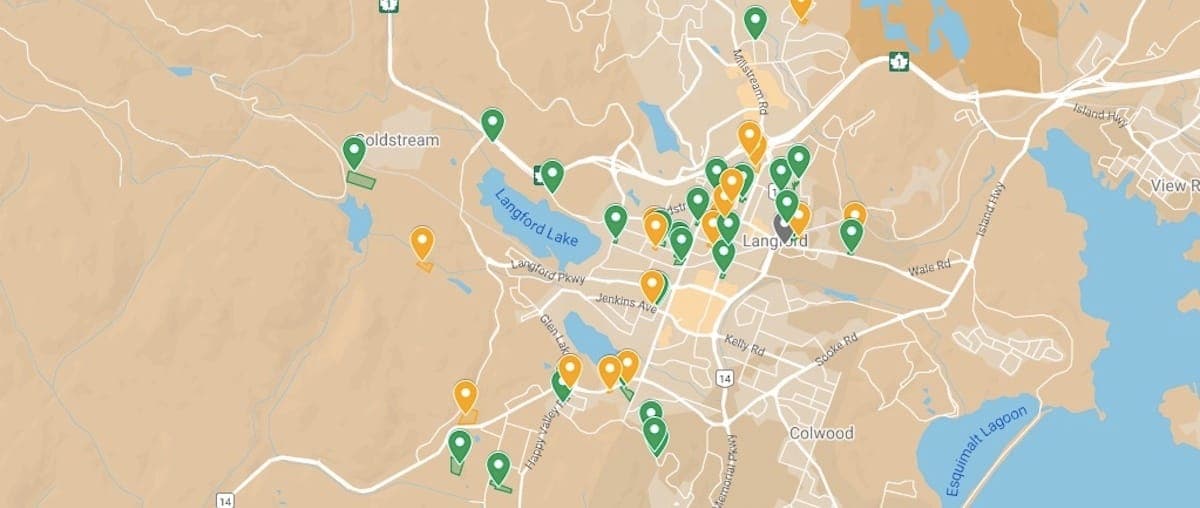 Archive photograph: Green markers are approved, orange markers are still in process. Click to view the interactive map, and find developments in your Langford neighbourhood.