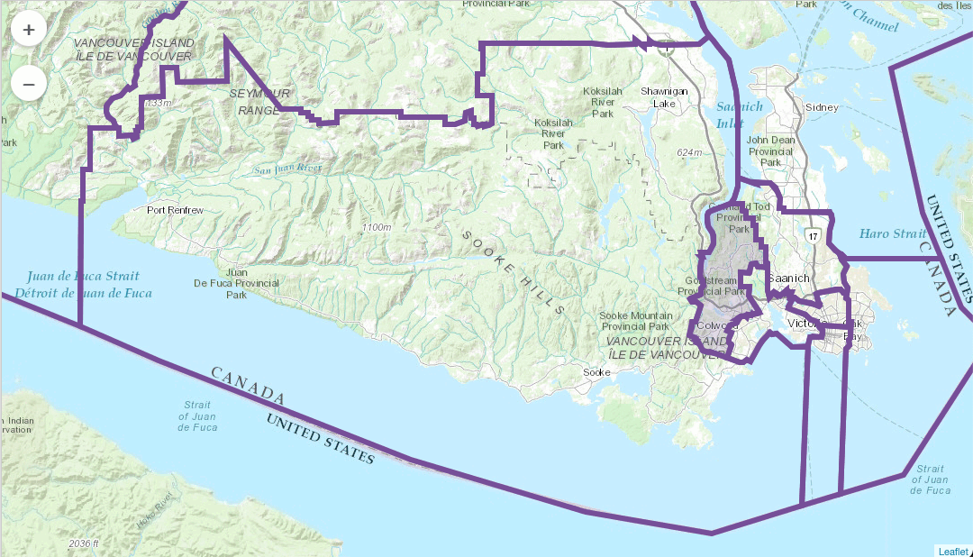 Archive photograph: Purple outlines show the proposed new provincial ridings. Langford-Highlands is lightly coloured in purple. The black lines show current boundaries. (BC Electoral Boundaries Committee)