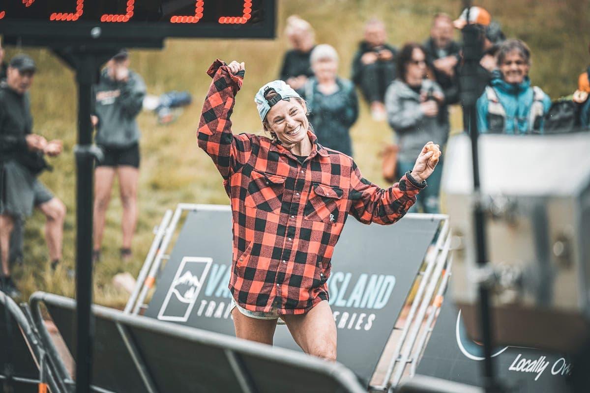 Archive photograph: Tanya Seal-Jones crossing the finish line at a Vancouver Island Trail Running Series race. (📸 Matt Cecill, contributed)