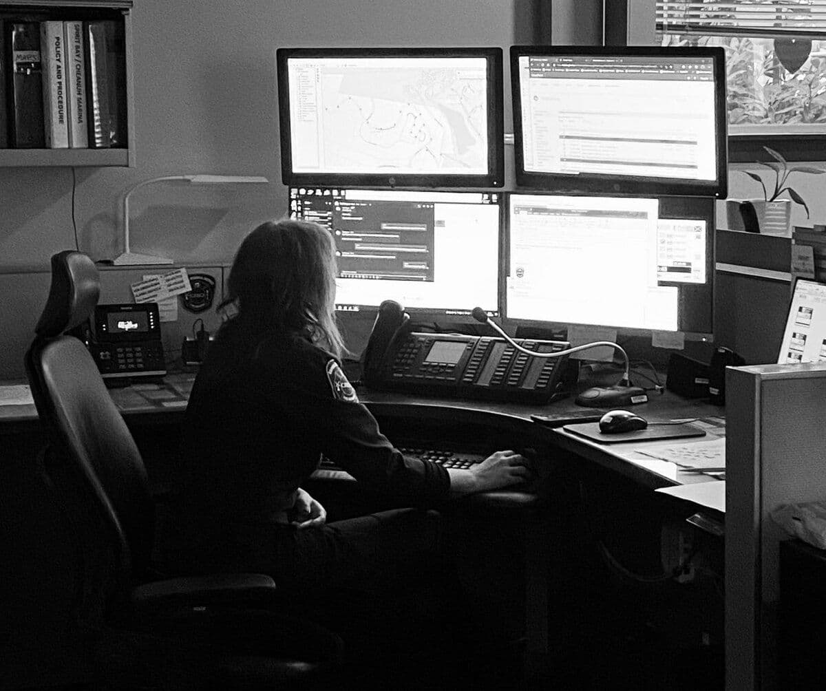 Archive photograph: Dispatcher Leanna Moss taking one last call at the Langford Fire Dispatch centre on Dec. 7. (📸 Captain Paul Obersteller)