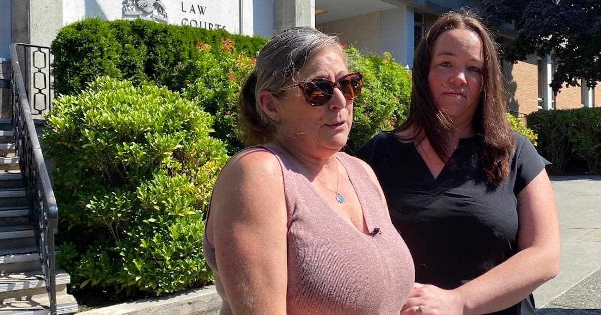 Archive photograph: Lisa Robertson, left, and Amanda Hawboldt, both friends of Angela Dalman, spoke of her after the sentencing hearing Aug. 23. (Zoë Ducklow/The Westshore)