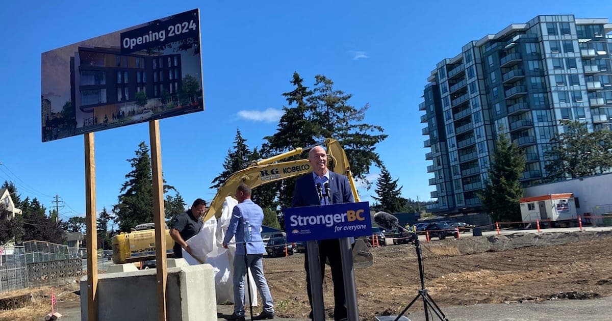 Archive photograph: Premier Horgan announcing a new Royal Roads campus in Langford, that will also host Camosun College, University of Victoria, and the Justice Institute of BC.