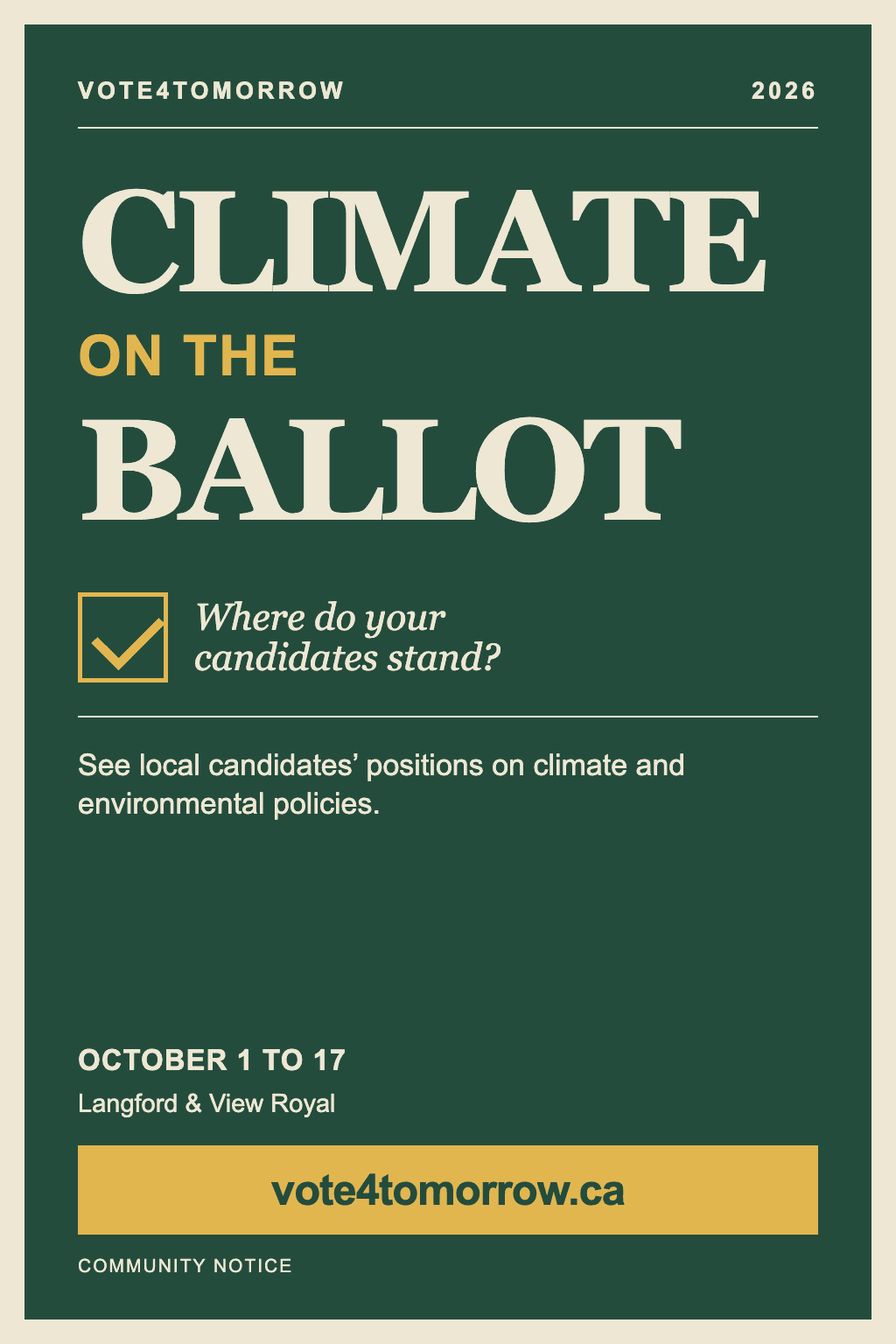 Issue image: Notice: Vote4Tomorrow: local candidates on climate issues