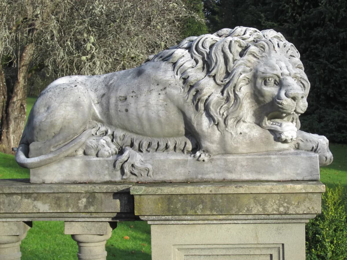 A stone lion in the gardens at Hatley Park.